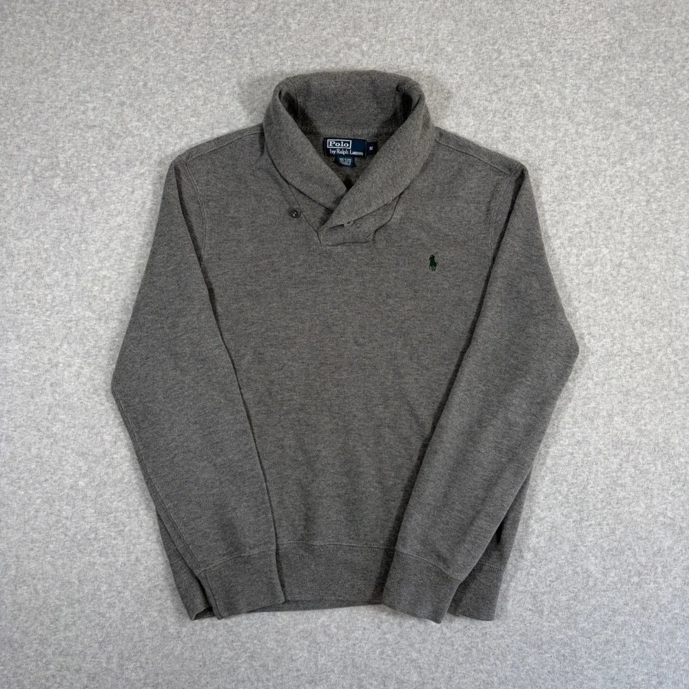 Polo Ralph Lauren Shawl Neck Sweater Mens Medium Gray Vintage Cotton Pullover